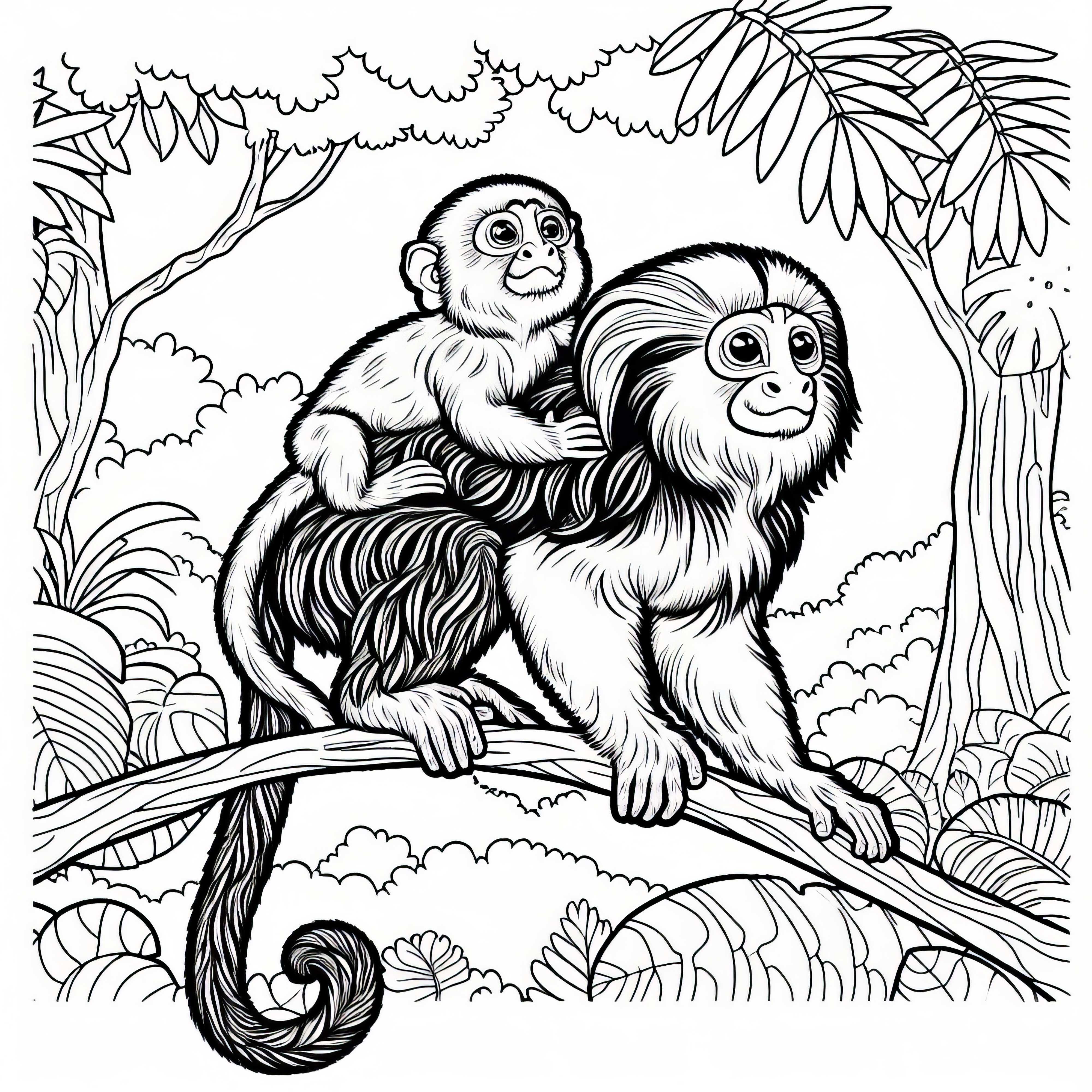 Tamarínské mládě se drží za záda své matky - Malovací obrázek zdarma