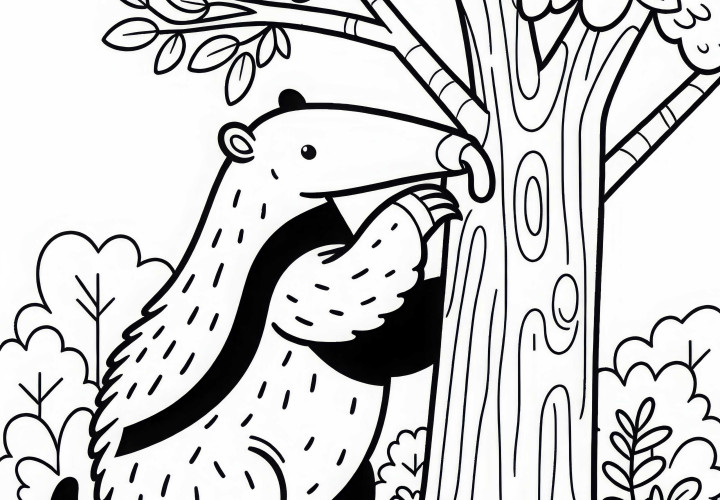 Mravenečník šplhá na strom - jednoduchý obrázek k vybarvení zdarma