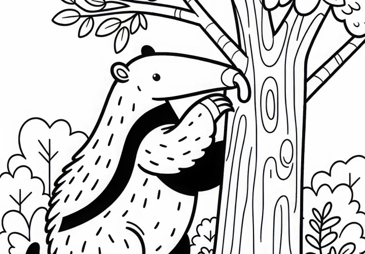 Если вы ищете простую раскраску с муравьедом, который лезет на дерево, вы можете найти ее бесплатно