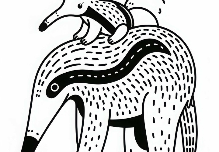 Anteater mother carries her young on her back – Coloring page simple and free