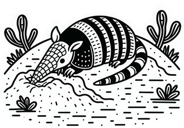 Pásovec vykopává díru v písčité půdě – Omalovánka zdarma