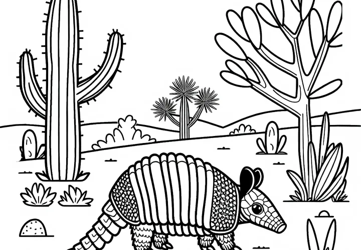 Орентальский броненосец исследует сухой пустынный ландшафт - бесплатный раскраски