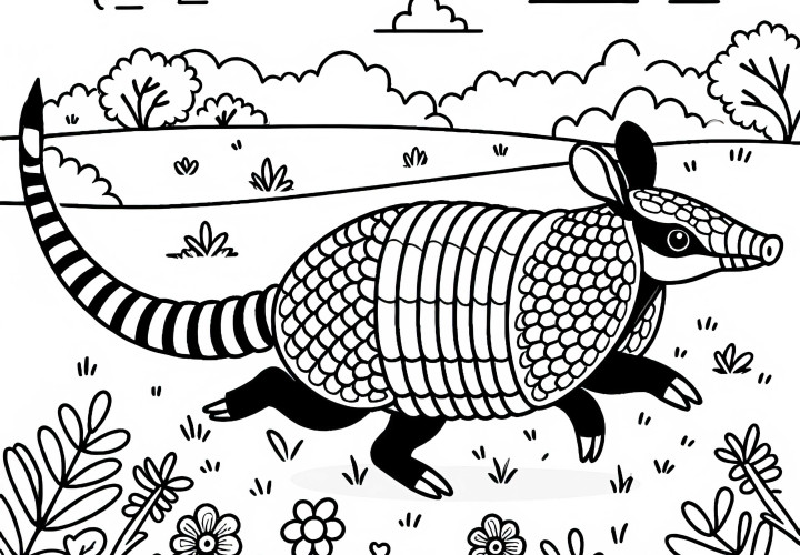 Nadpis: Pásovec běží po louce – zdarma omalovánka