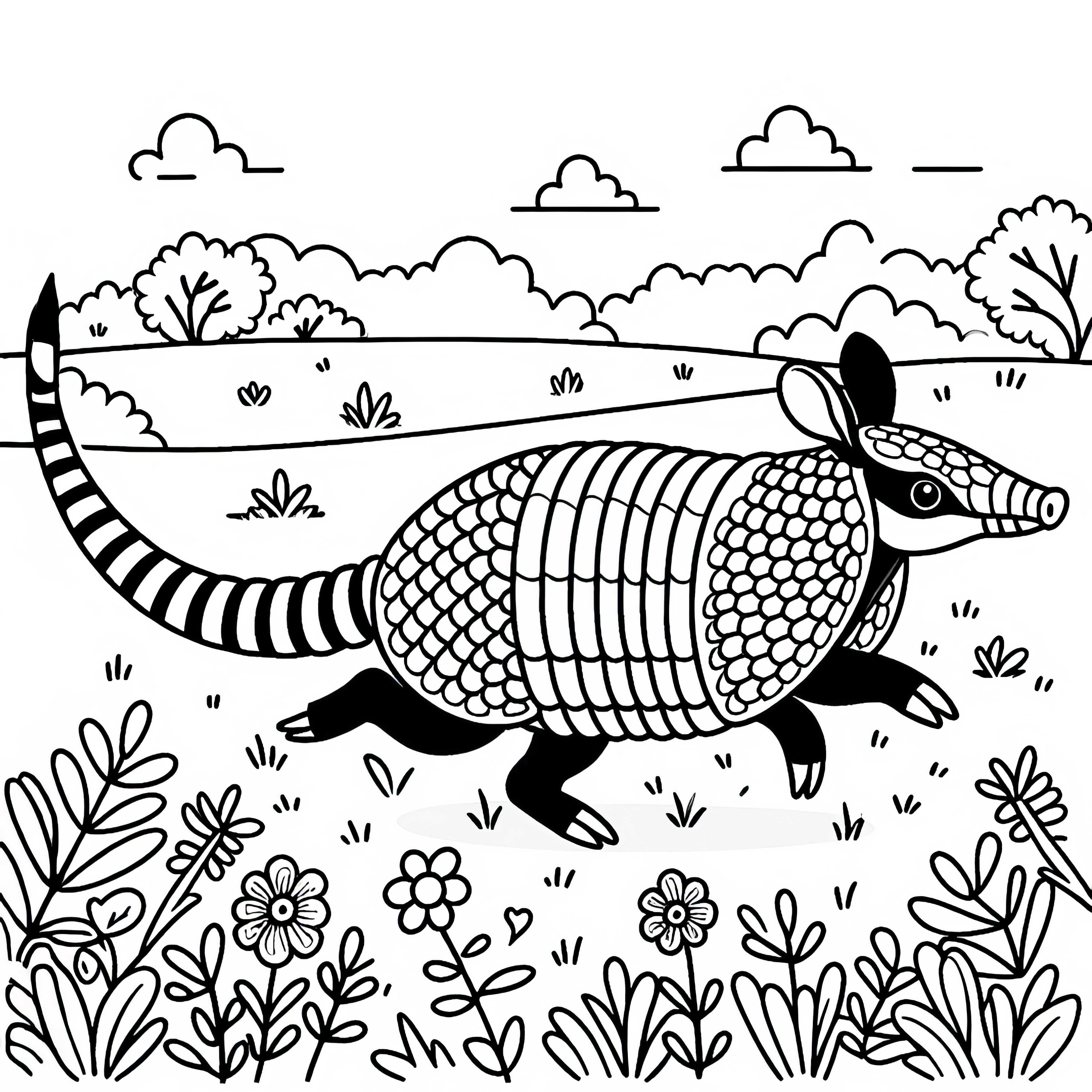 見出し: アルマジロが草原を走る - 無料の塗り絵テンプレート 見出し:アルマジロが草原を駆ける – 無料塗り絵テンプレート