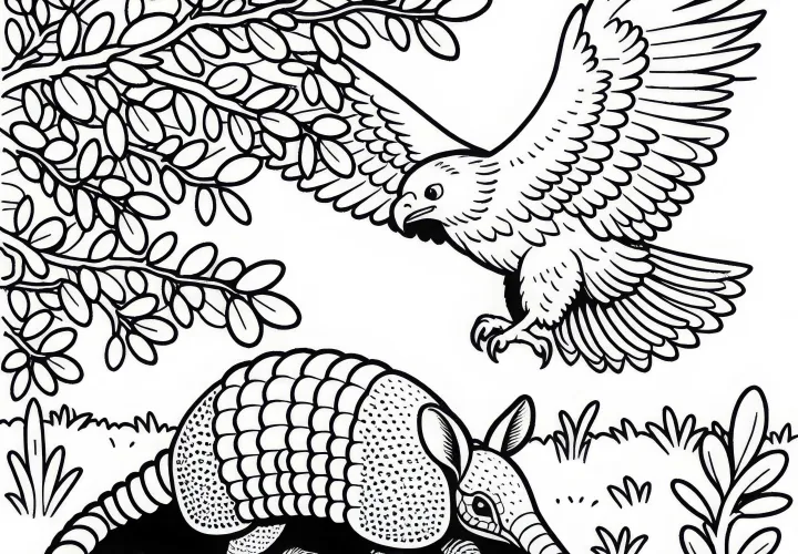 Носорог из семейства броненосцев атакован хищной птицей – Раскраска бесплатно