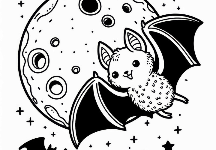 Fledermaus fliegt bei Vollmond durch die Nacht: Kostenloses Ausmalbild Fledermaus fliegt bei Vollmond durch die Nacht: Kostenloses Ausmalbild