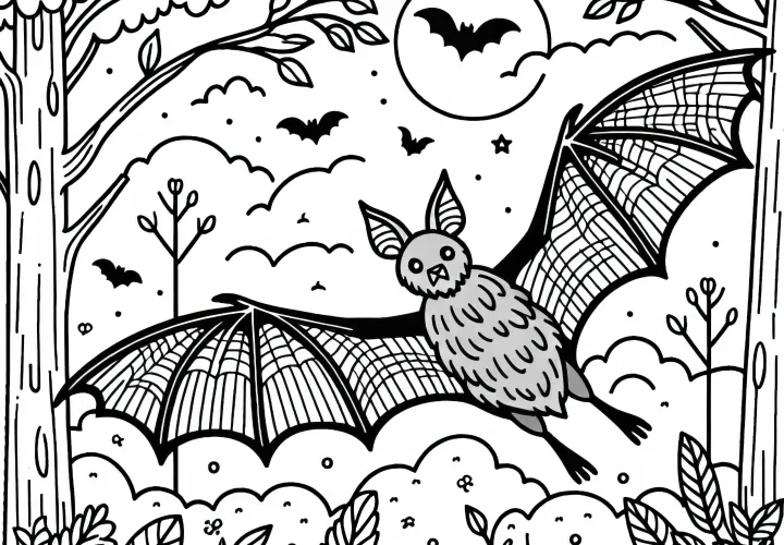 Летучая мышь летит через лес: Раскраска для скачивания (Бесплатно)