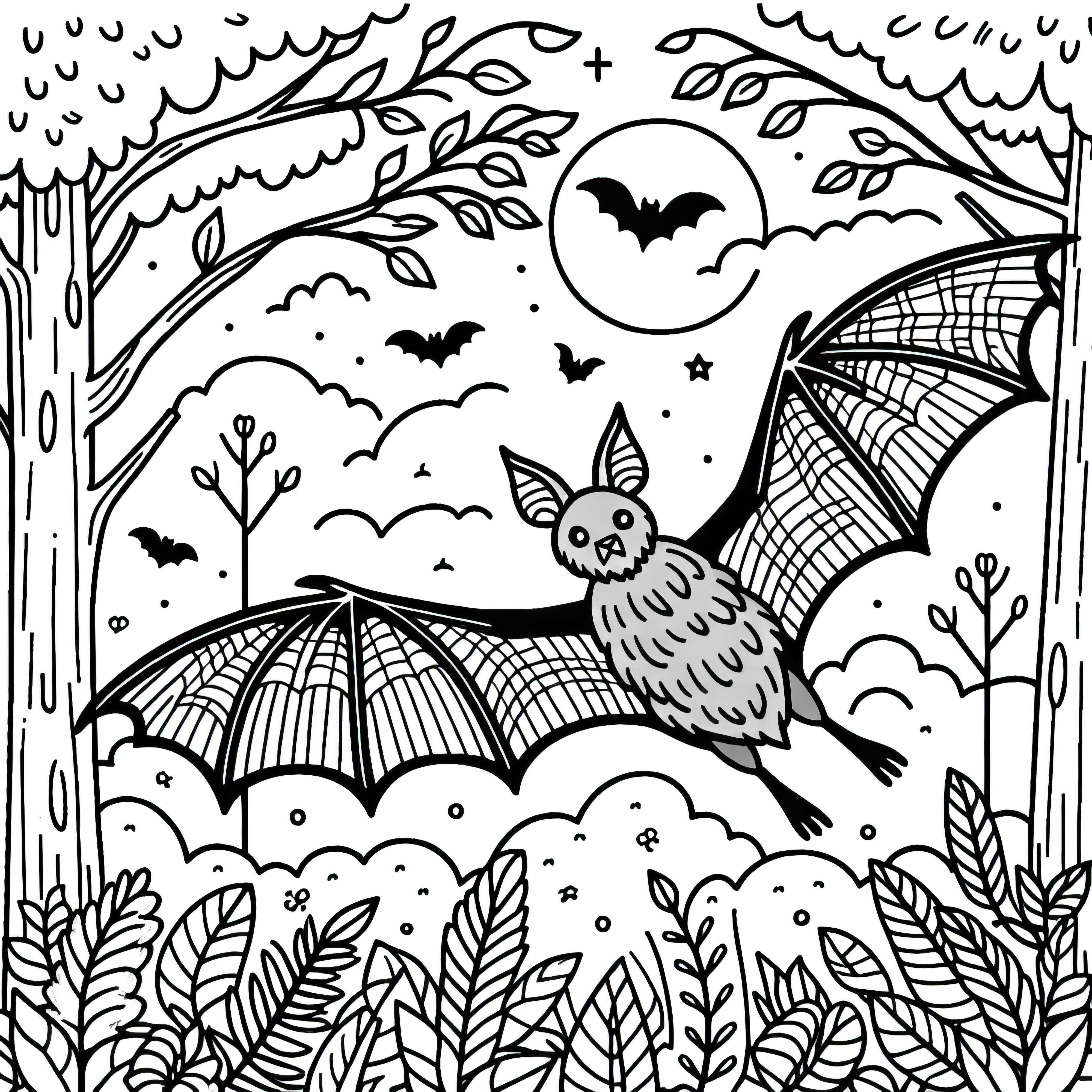 Fledermaus fliegt durch den Wald: Ausmalbild zum Download (Kostenlos)