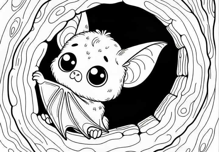 Fledermaus mit großen Augen in Baumhöhle: Kostenloses Ausmalbild Fledermaus mit großen Augen in Baumhöhle: Kostenloses Ausmalbild