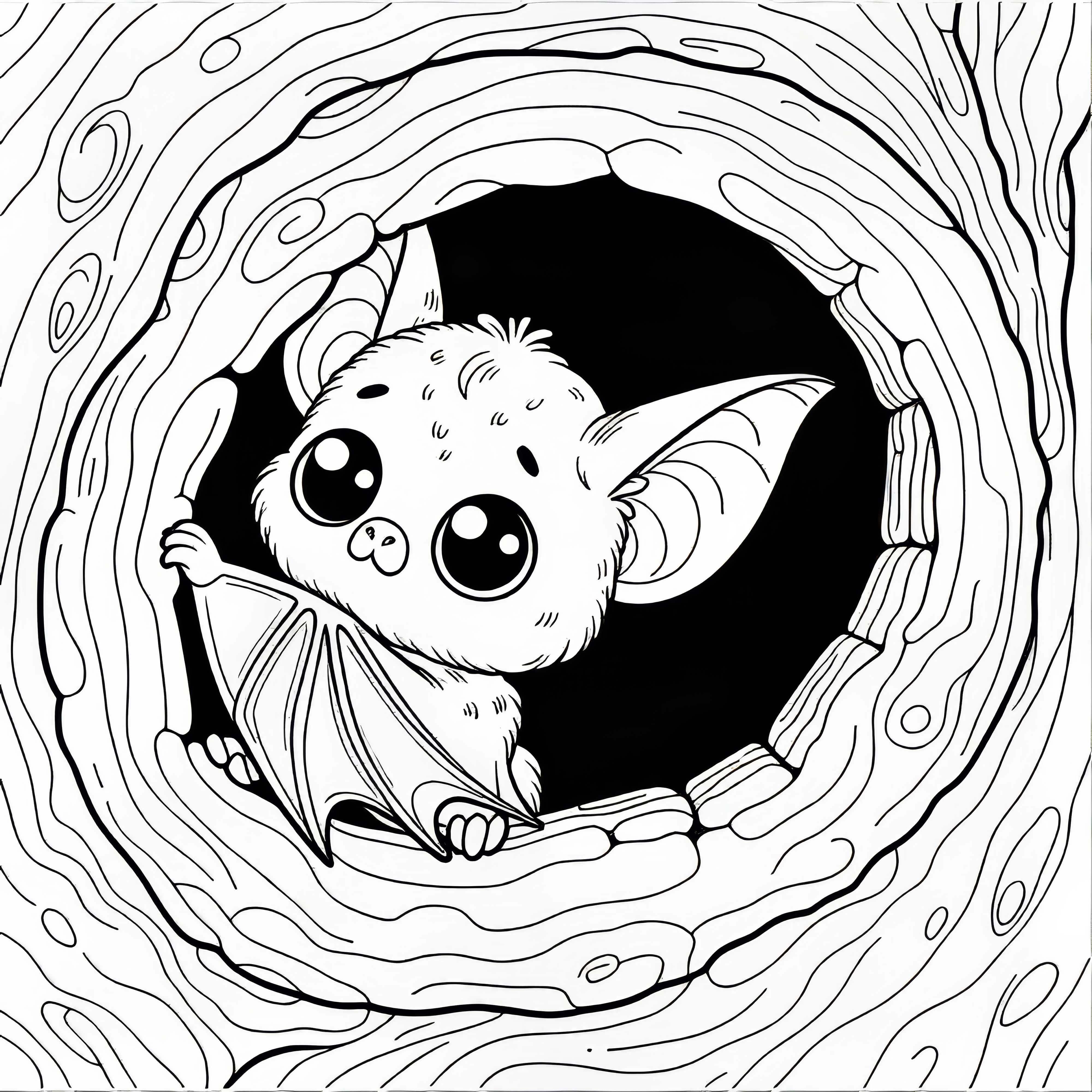 Fledermaus mit großen Augen in Baumhöhle: Kostenloses Ausmalbild