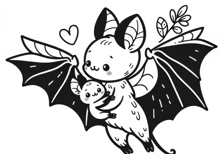 Мать летучей мыши носит своего детеныша: Простая раскраска (Бесплатно)