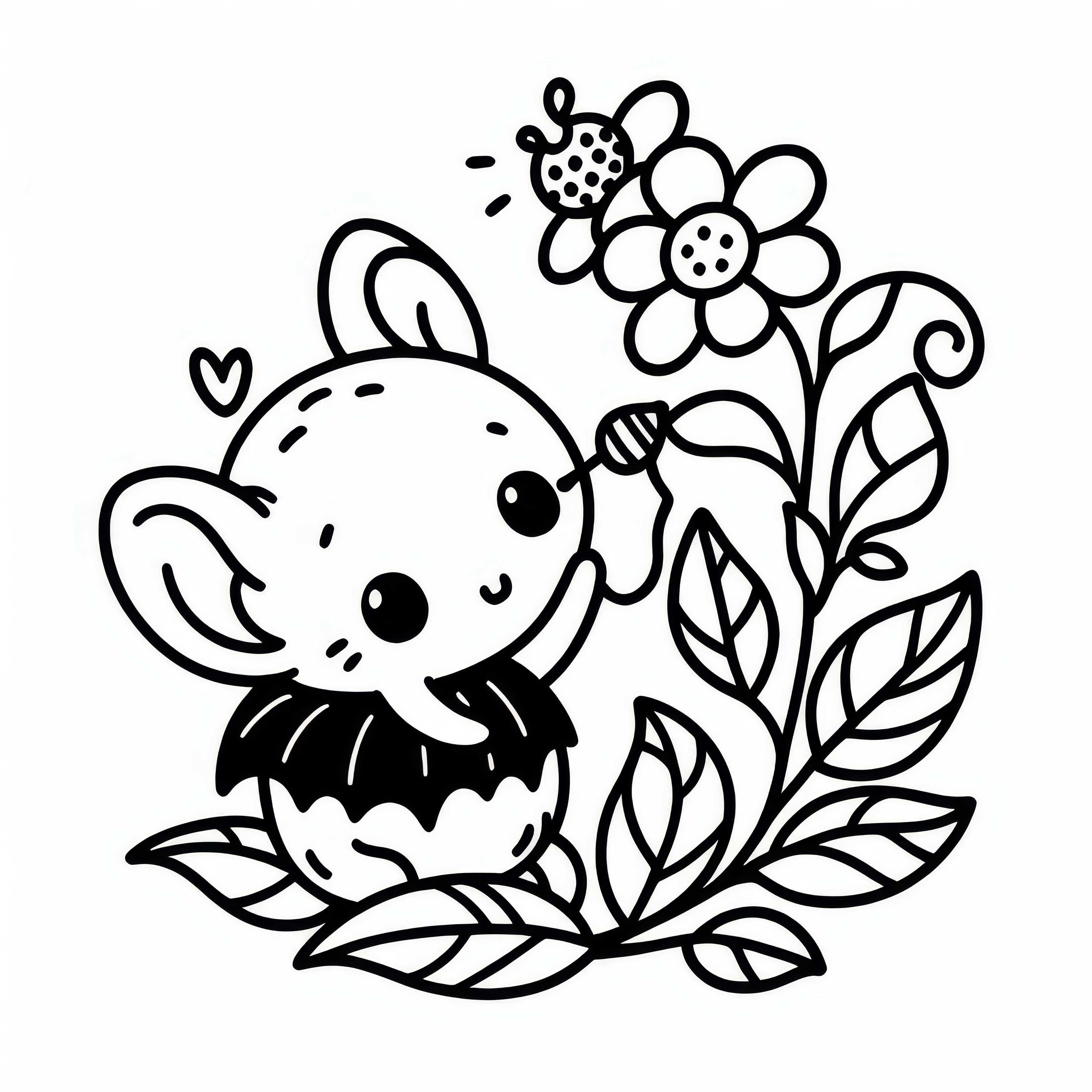 Kleine Fledermaus an der Blüte einer Blume: Einfache Malvorlage (Gratis)