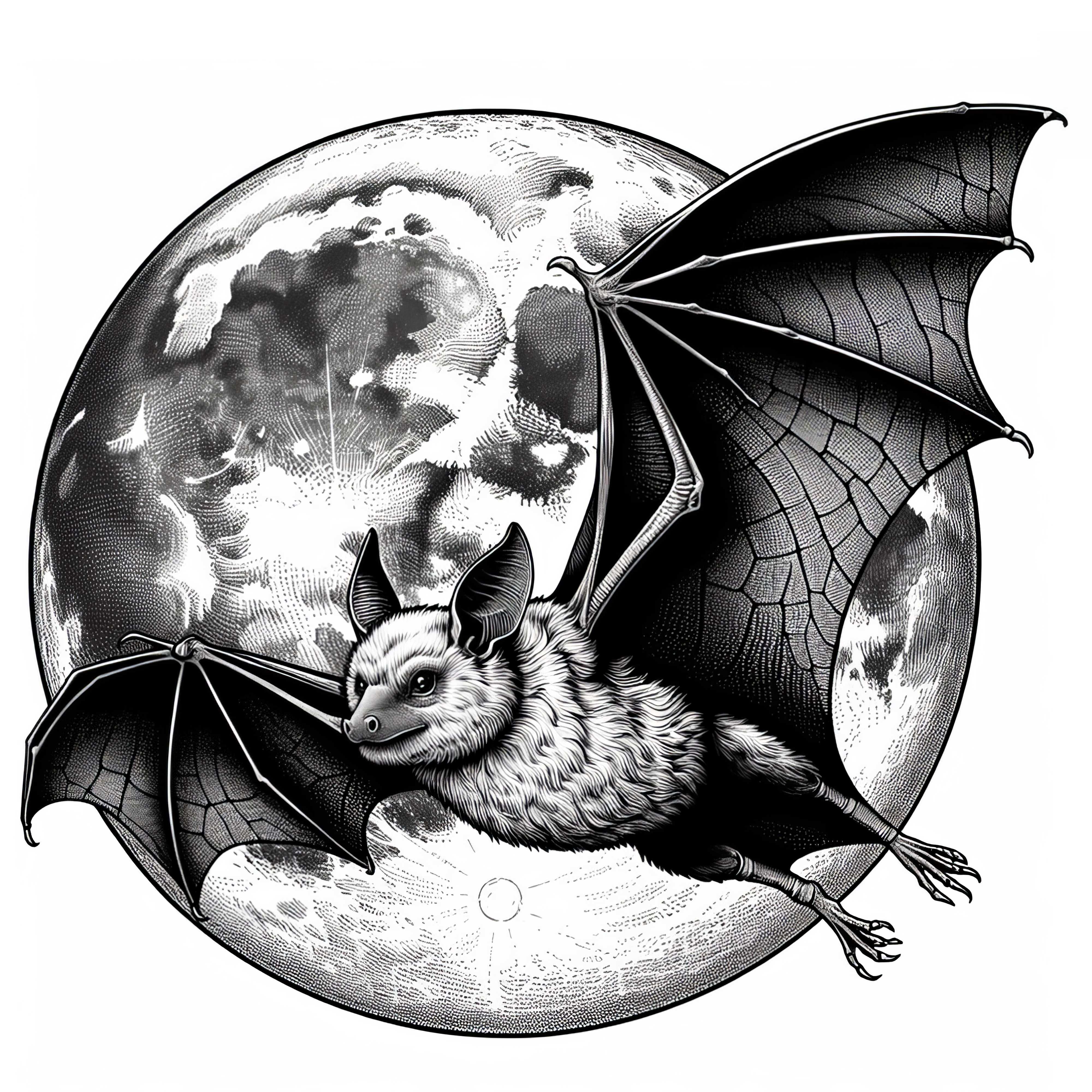 Fledermaus bei Vollmond: Detailliertes Ausmalbild zum Download (Kostenlos)