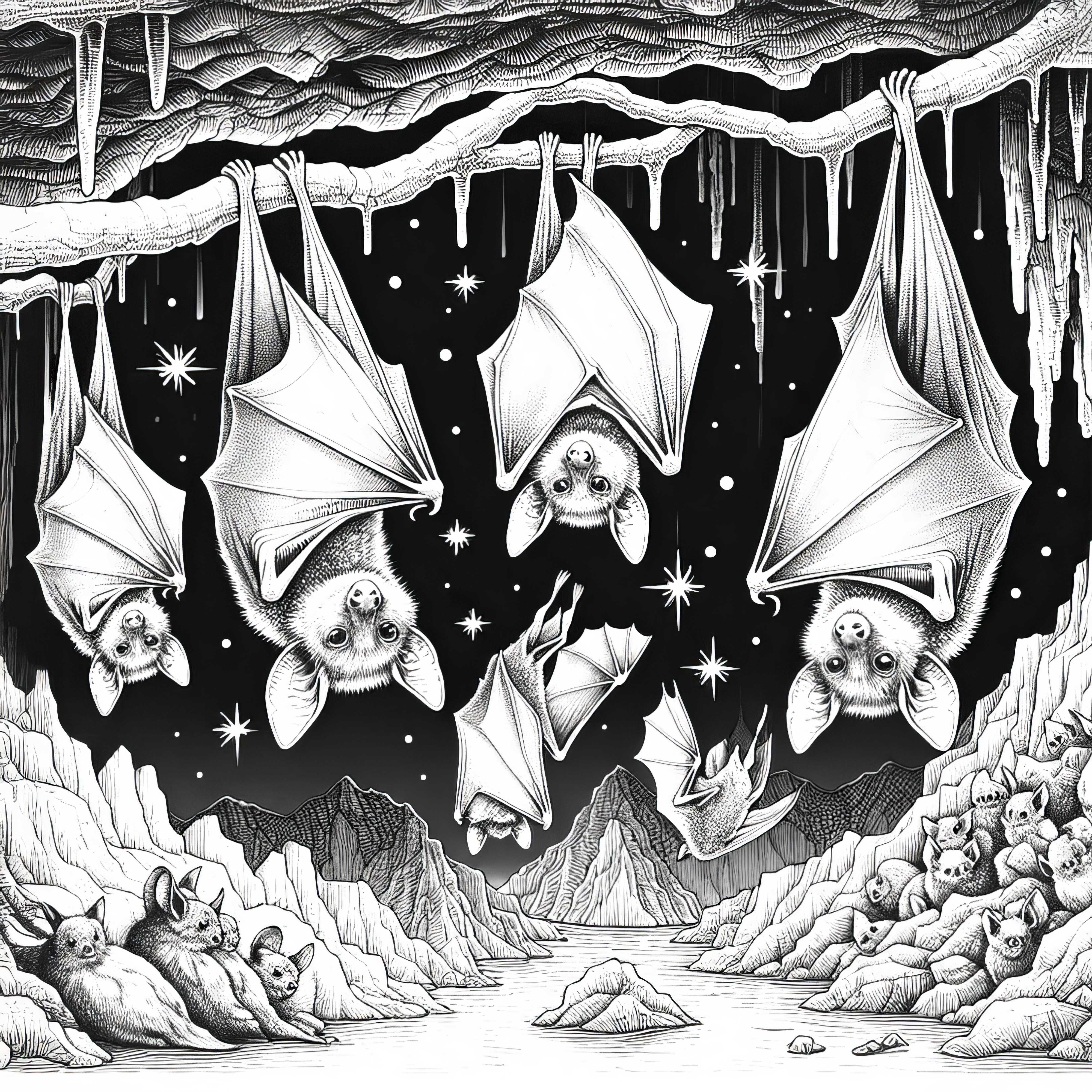 Fledermäuse in Höhle: Ausmalbild zum Herunterladen (Kostenlos)
