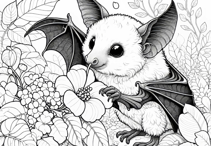 Fledermaus trinkt Nektar aus einer Blüte: Kostenloses Ausmalbild Fledermaus trinkt Nektar aus einer Blüte: Kostenloses Ausmalbild