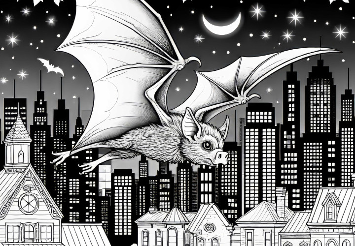 Fledermaus fliegt über Stadt bei Nacht: Ausmalbild zum Download (Gratis) Fledermaus fliegt über Stadt bei Nacht: Ausmalbild zum Download (Gratis)