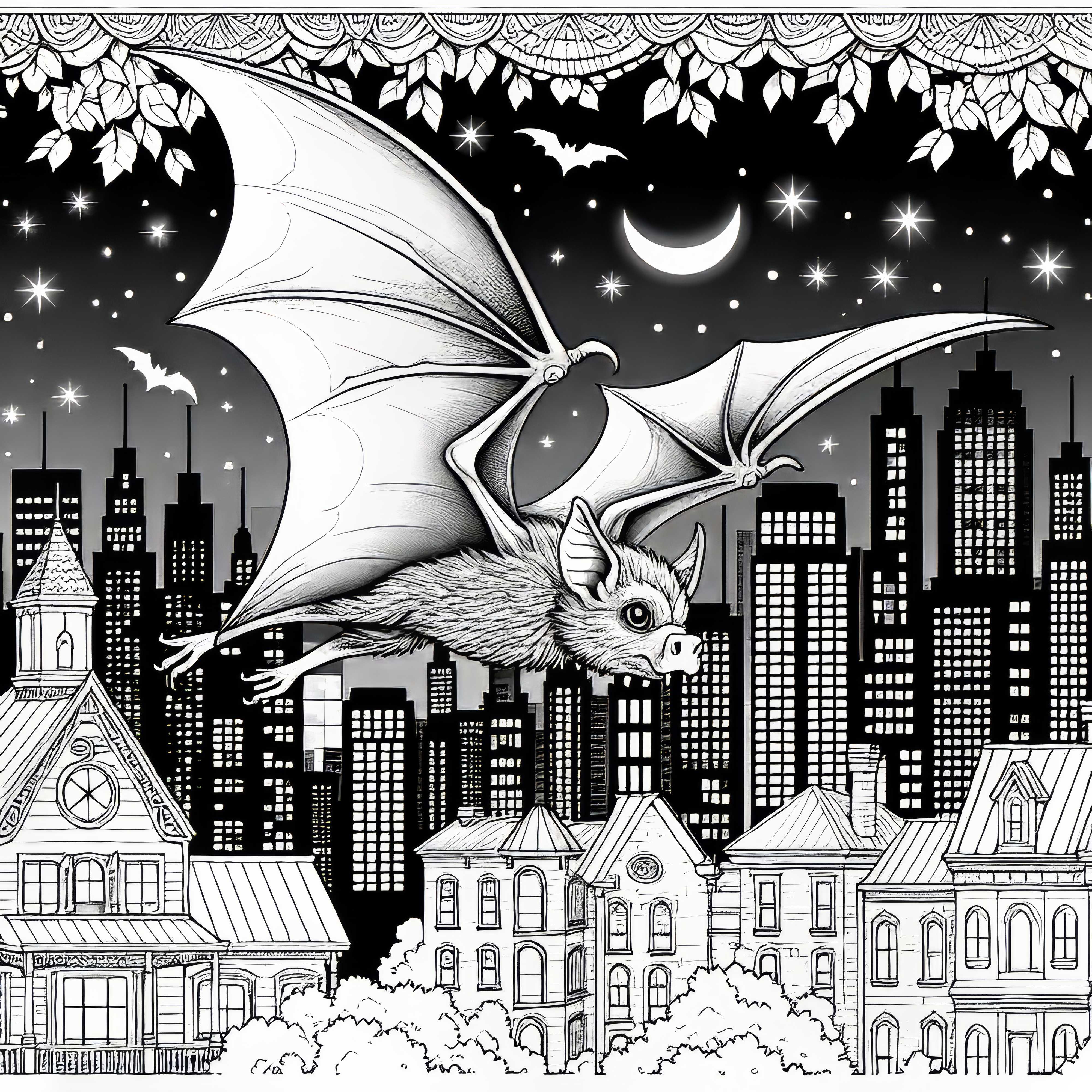 Fledermaus fliegt über Stadt bei Nacht: Ausmalbild zum Download (Gratis)