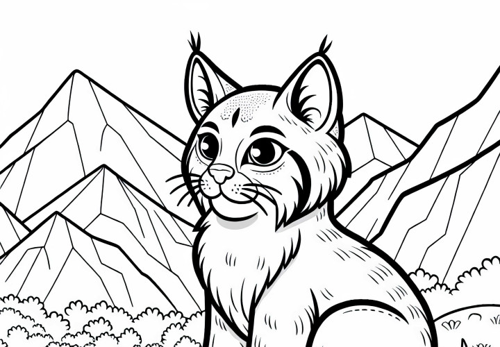 Lynx sits on a rock and observes the landscape - coloring page free