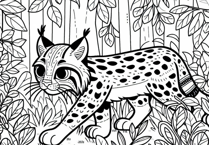 Lynx sneaking through underbrush – Coloring page simple and free
