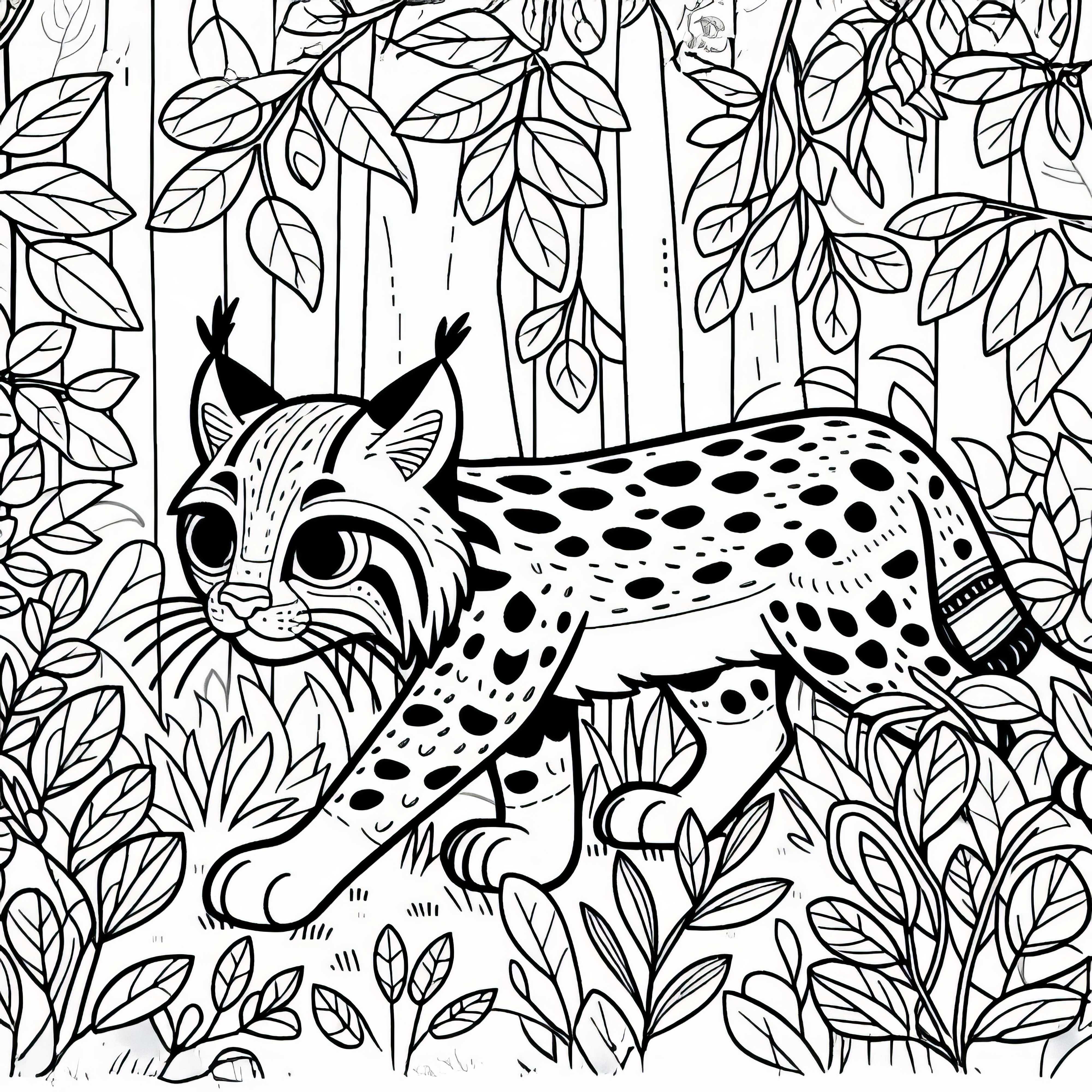 Lynx sneaks through underbrush - Coloring page simple and free