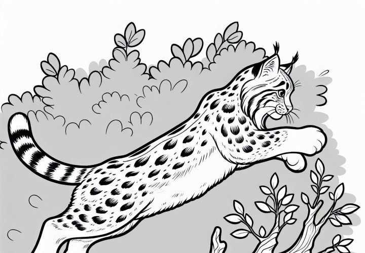 Lynx jumps over a log – Free coloring page