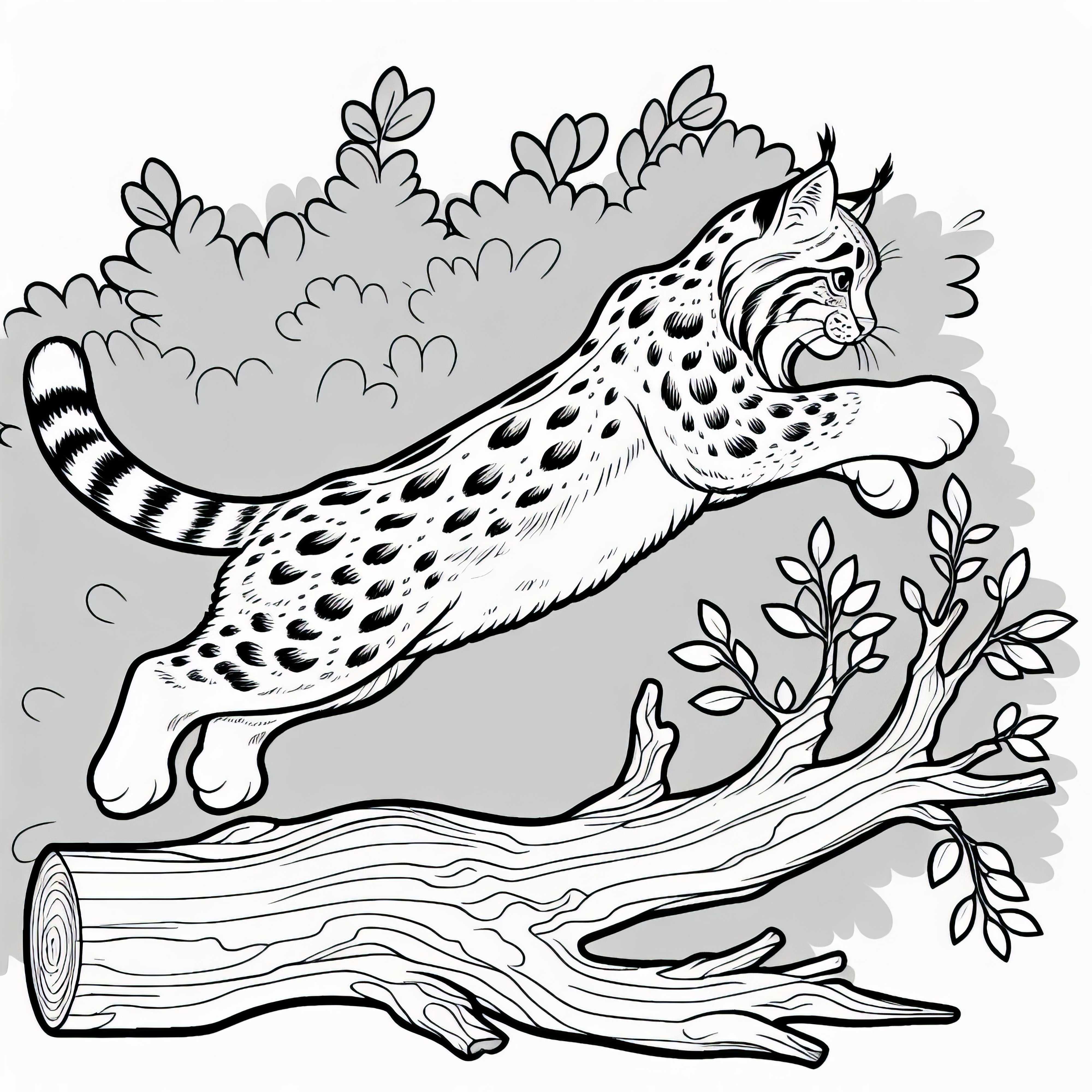 Lynx jumps over a log - free coloring page Lynx jumps over tree trunk – Coloring page free