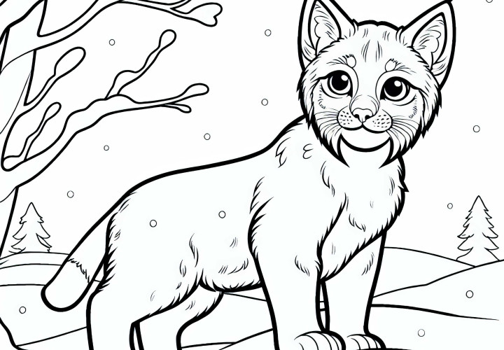 Lynx stands with perked ears in the snow - Free coloring page