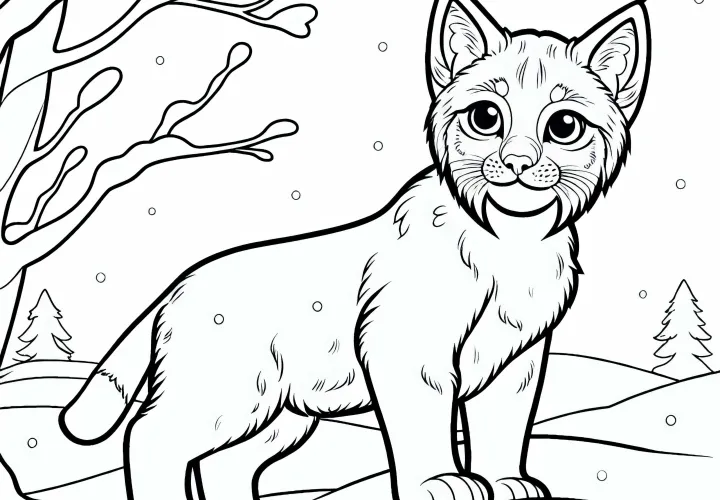 Рысь стоит с наклонированными ушами в снегу – бесплатная раскраска