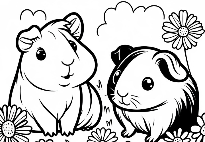 Cobaye dans un pré : Dessin à colorier simple (Gratuit) Cochons d'Inde sur une prairie : Dessin à colorier simple (Gratuit)