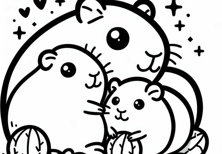 Cochons d'Inde en train de câliner : Dessin à colorier simple Cochons d'Inde en train de câliner : Simple image à colorier