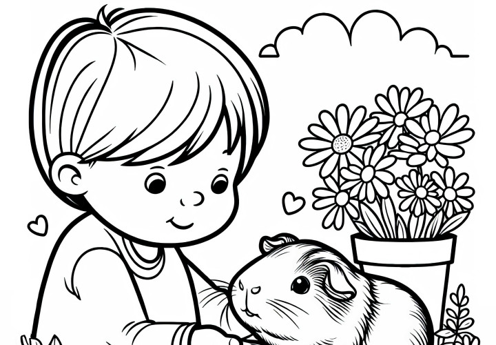 Cochon d'Inde avec un enfant : image à colorier à télécharger (Gratuit) Cochon d'Inde avec un enfant : Dessin à colorier à télécharger (Gratuit)