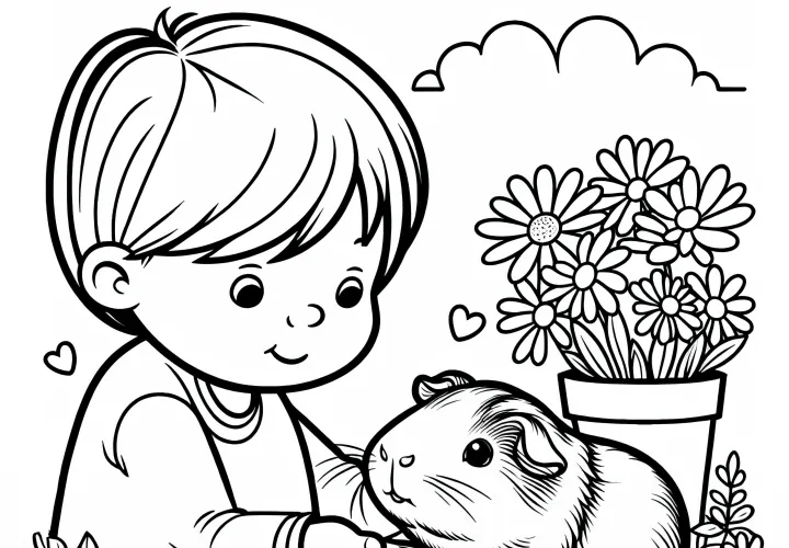 Porquinho-da-índia com uma criança: Imagem para colorir para download (Grátis)