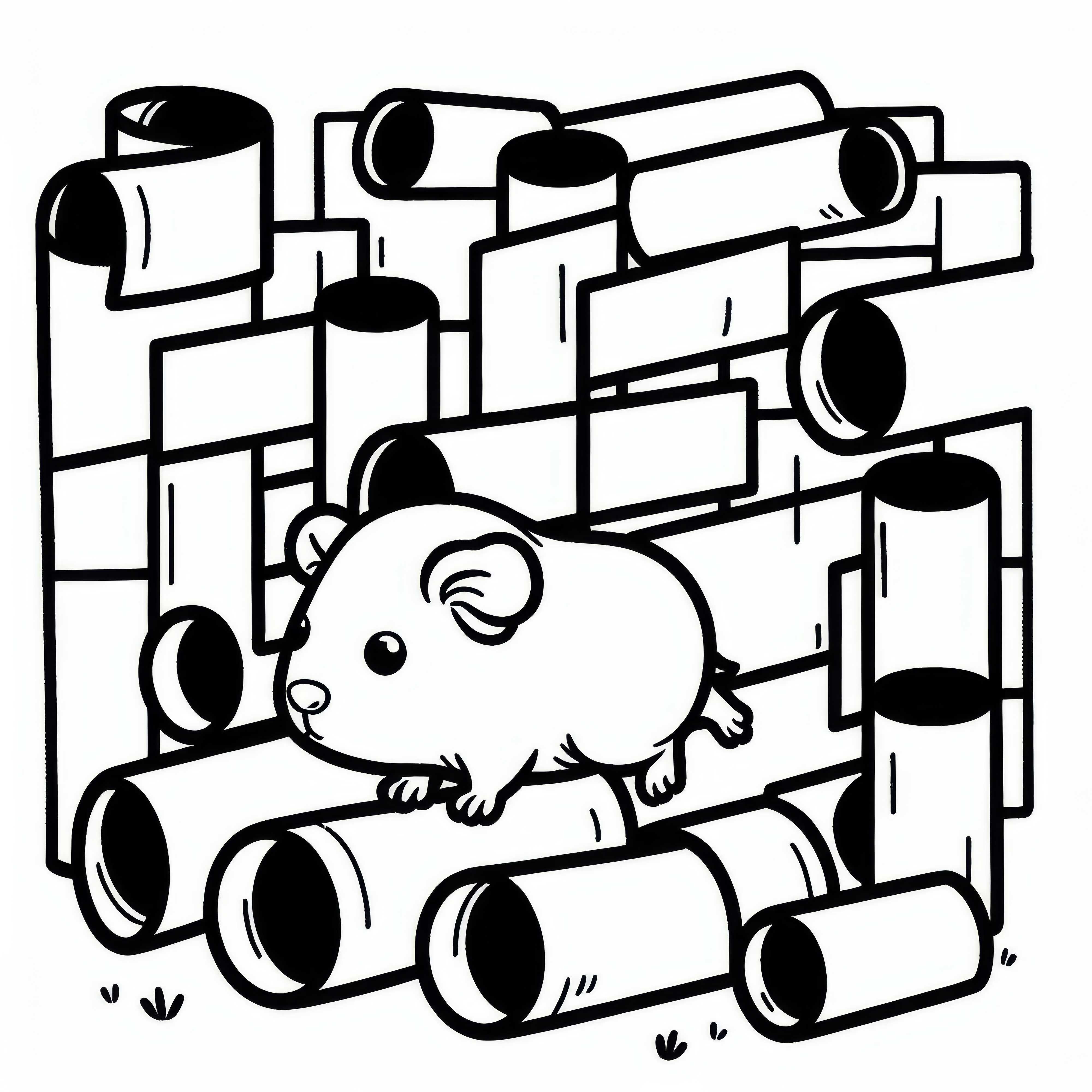 Un cochon d'Inde court à travers un labyrinthe de tubes en carton : Dessin à colorier simple (Gratuit)