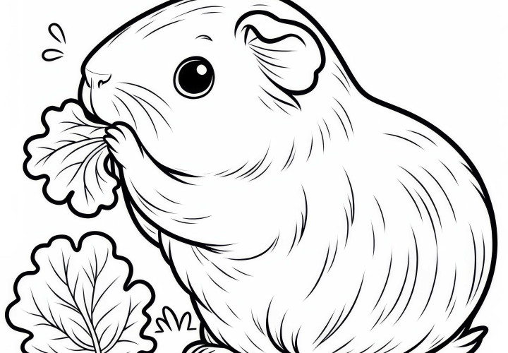 Cochon d'Inde grignote une feuille de salade : image à colorier simple (Gratuit) Cochon d'Inde grignote une feuille de salade : Dessin à colorier simple (Gratuit)