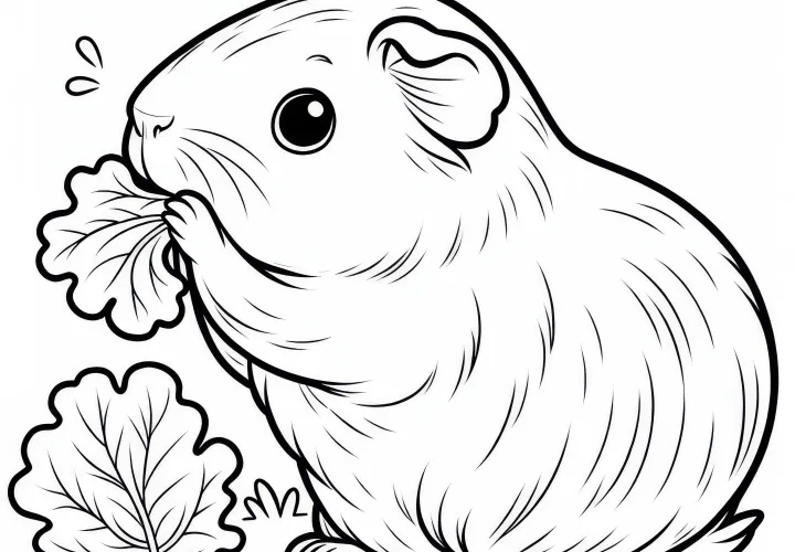 Porquinho-da-Índia roendo a folha de alface: Desenho para colorir simples (Gratuito)