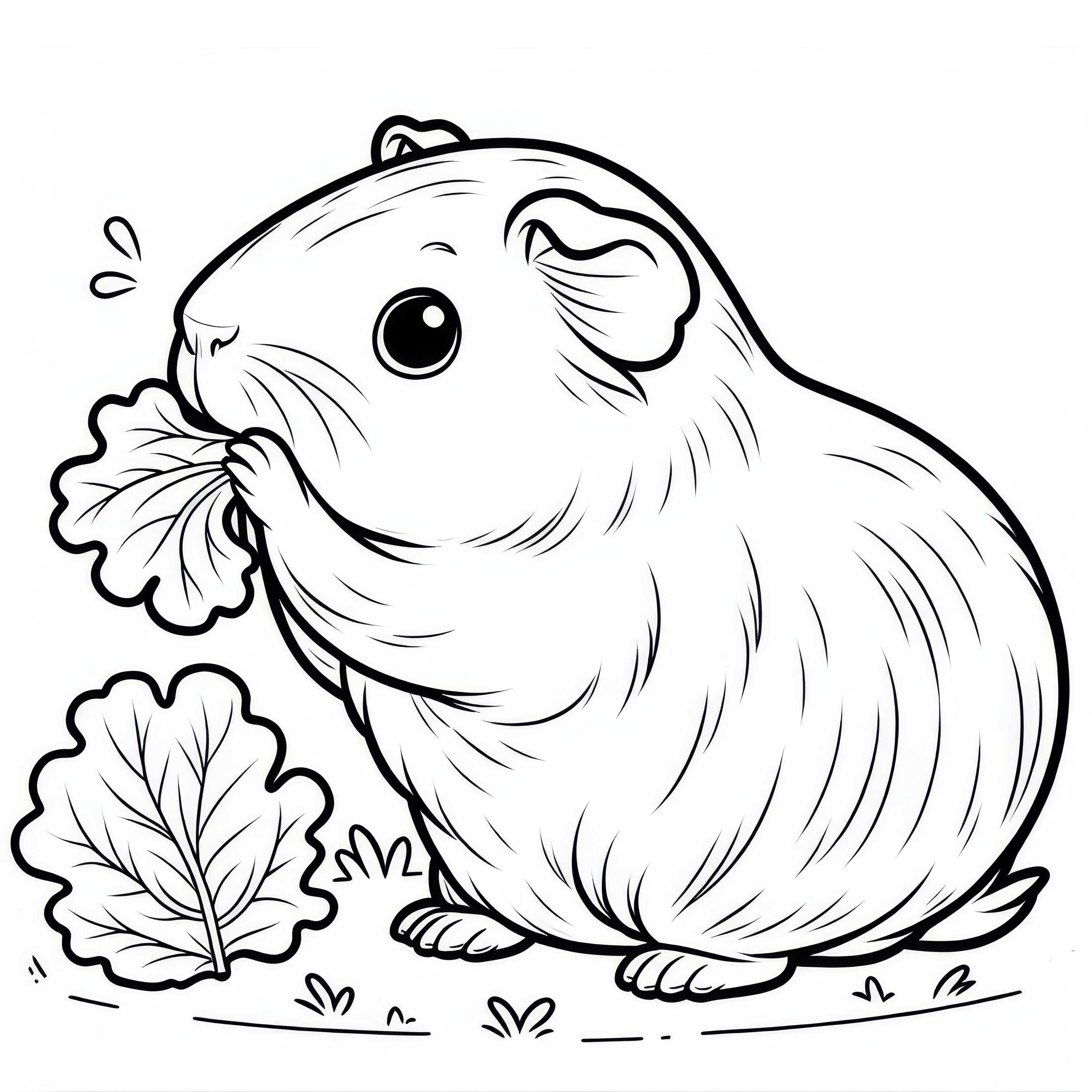 Cochon d'inde grignote une feuille de salade : Dessin à colorier simple (Gratuit)