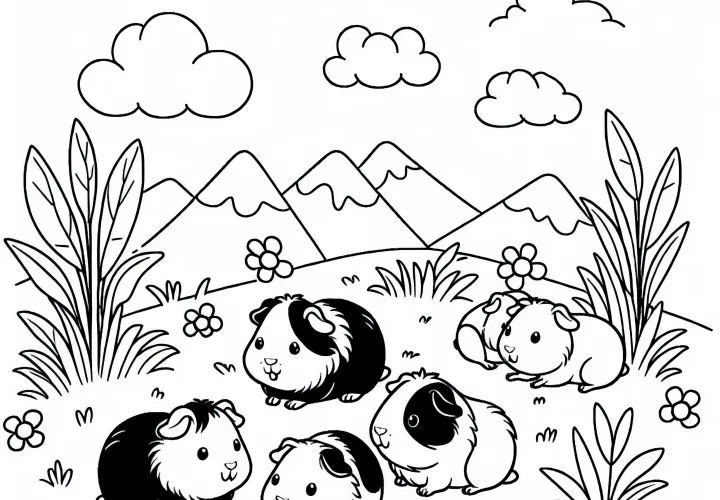 Porquinhos-da-índia brincando na grama: Modelo de desenho simples (Gratuito)