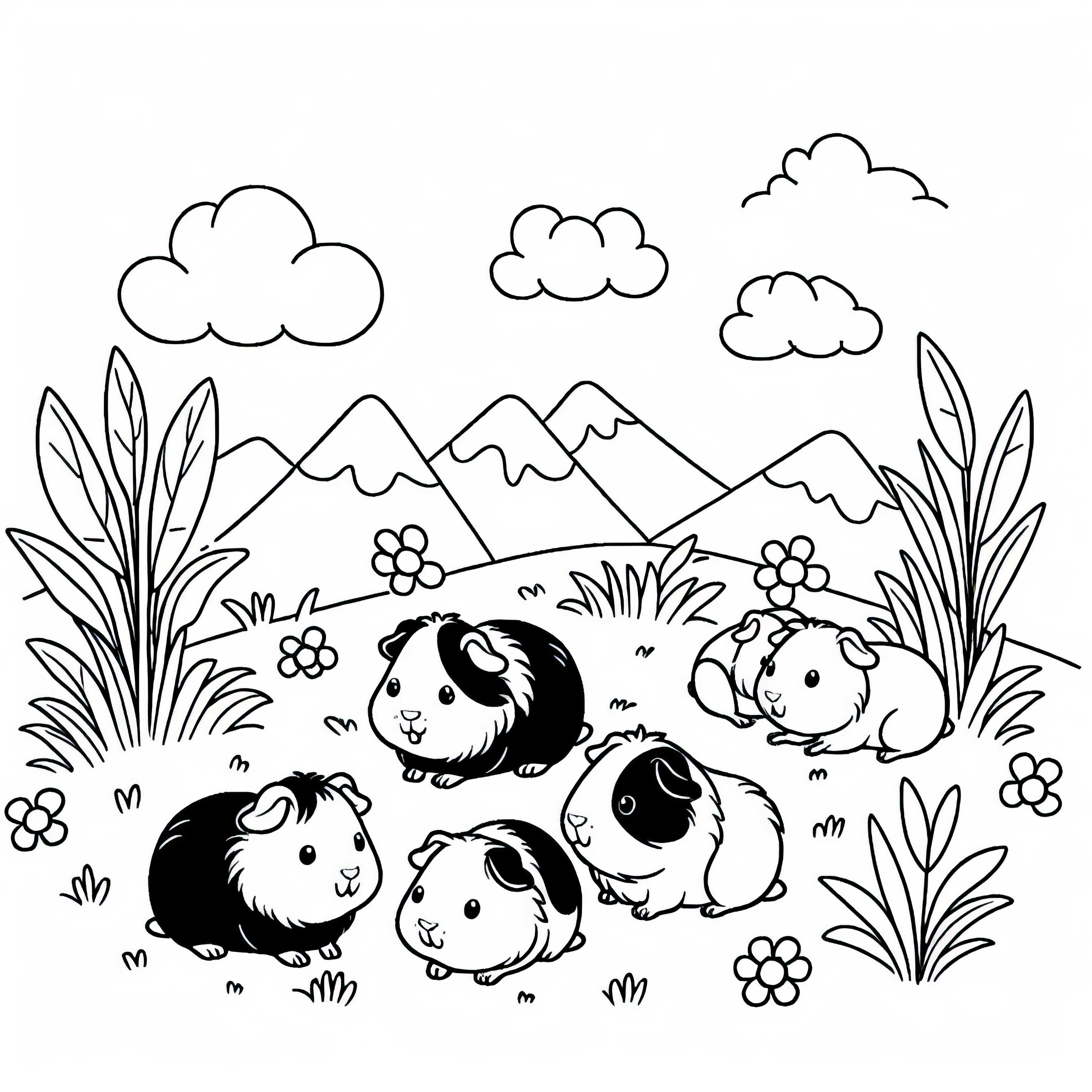 Cochons d'Inde jouent dans le pré : Modèle de coloriage simple (Gratuit)