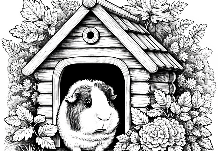 Le cochon d'Inde regarde curieusement hors de sa maison : Dessin à colorier détaillé (Gratuit) Cochon d'Inde regarde curieusement hors de sa maison : Modèle de coloriage détaillé (Gratuit)