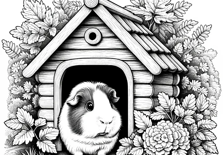 Porquinho-da-índia olha curiosamente para fora de sua casa: Desenho detalhado para colorir (Gratuito)