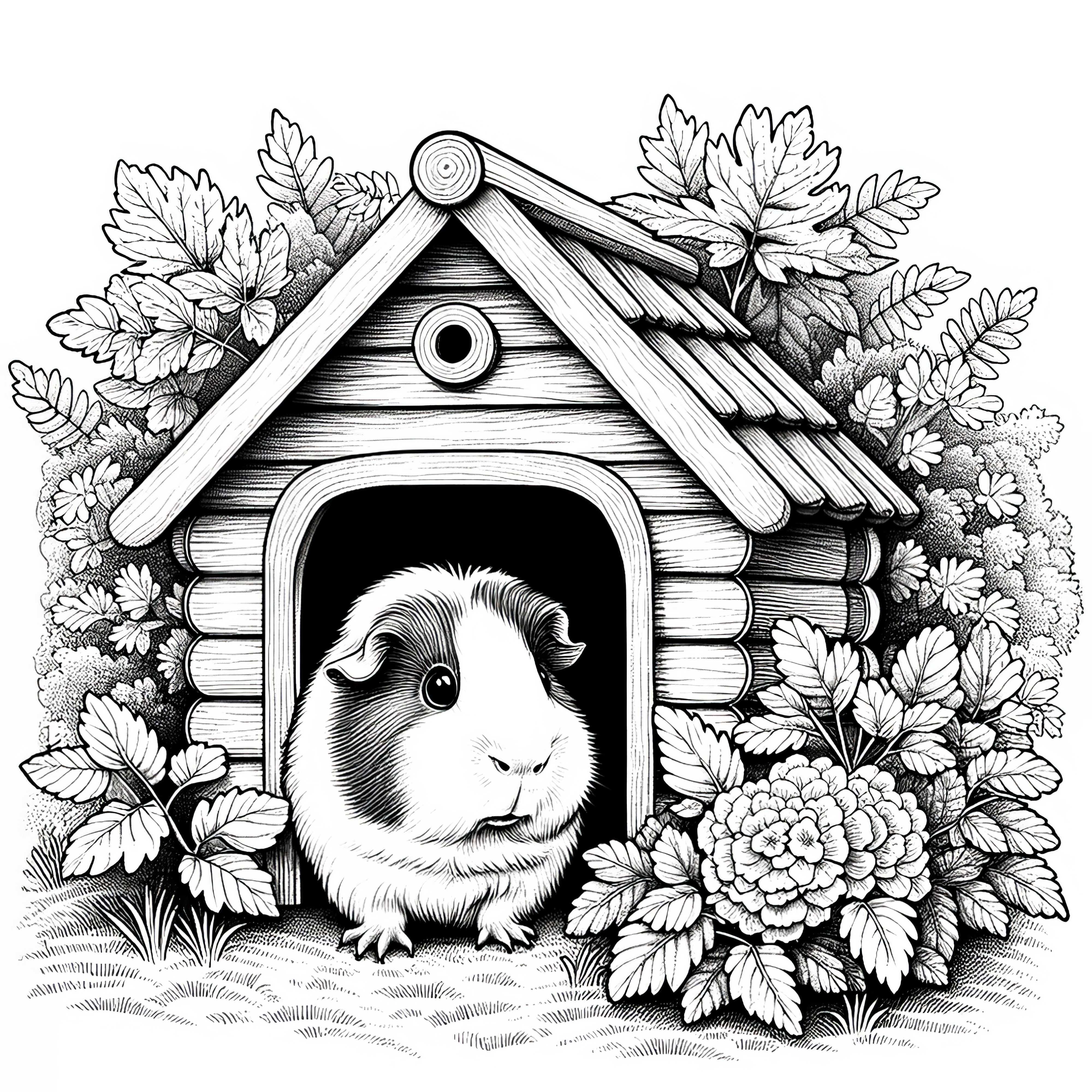 Cochon d'Inde regarde curieusement hors de sa maison : Modèle de coloriage détaillé (Gratuit)