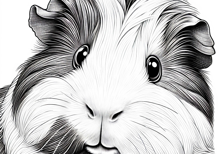 Cochon d'Inde avec un pelage duveteux : Modèle de coloriage détaillé (Gratuit) Cochons d'Inde avec fourrure douce : dessin à colorier détaillé (gratuit)