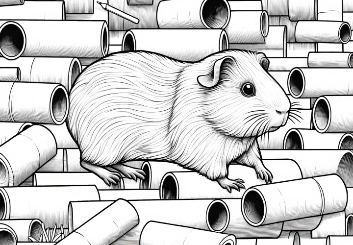 Cochons d'Inde dans un labyrinthe en rouleaux de papier : modèle à colorier à télécharger (Gratuit) Cochons d'Inde dans un labyrinthe de tubes en carton : Dessin à imprimer (Gratuit)