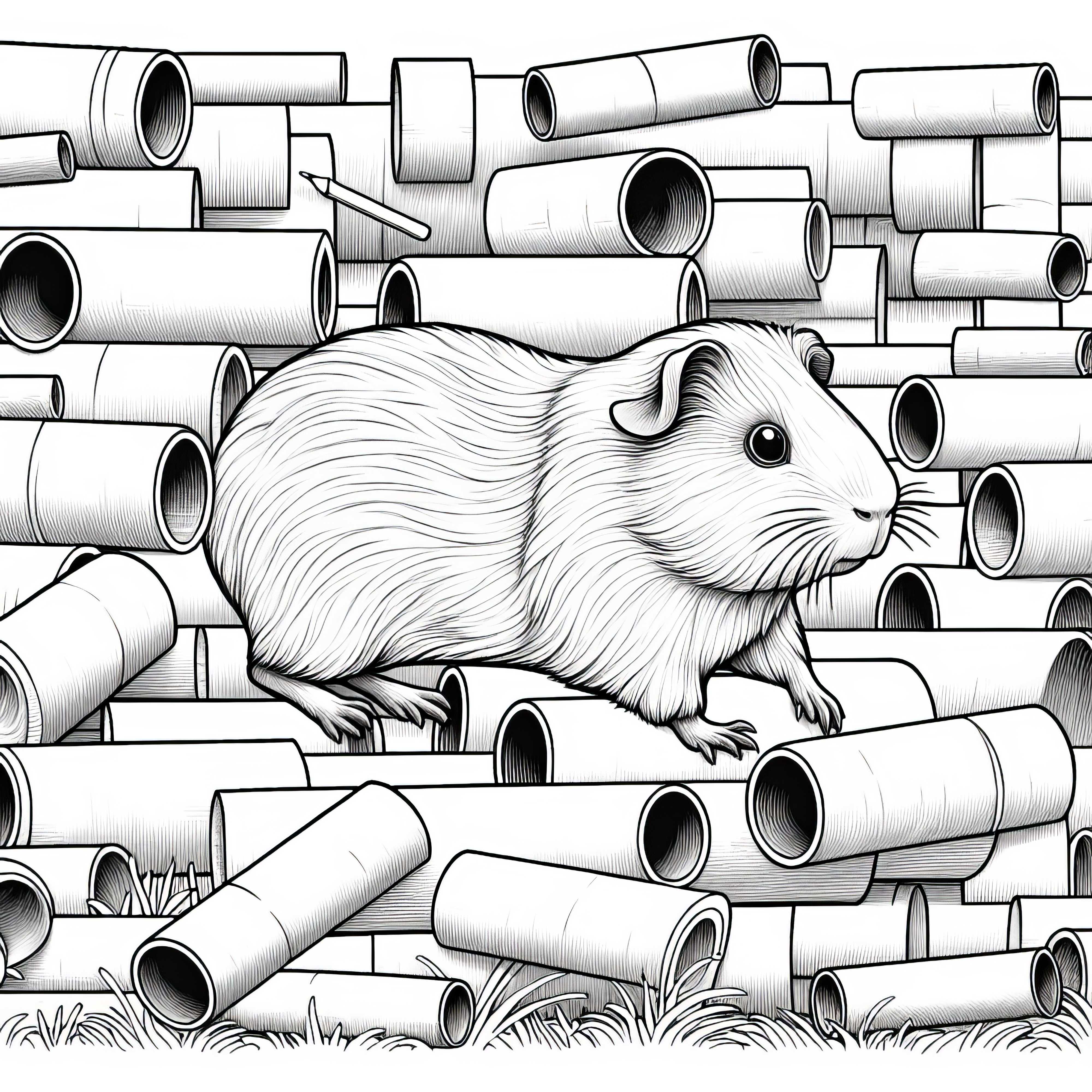 Cochons d'Inde dans un labyrinthe de rouleaux en carton : modèle à colorier à télécharger (gratuit)