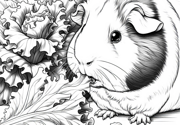 Un cochon d'Inde grignote une feuille de salade : Modèle de coloriage détaillé (Gratuit) Cobaye grignote une feuille de laitue : Modèle de coloriage détaillé (Gratuit)