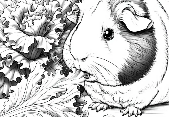 Porquinho-da-índia roendo folha de alface: Desenho para colorir com muitos detalhes (Gratuito)