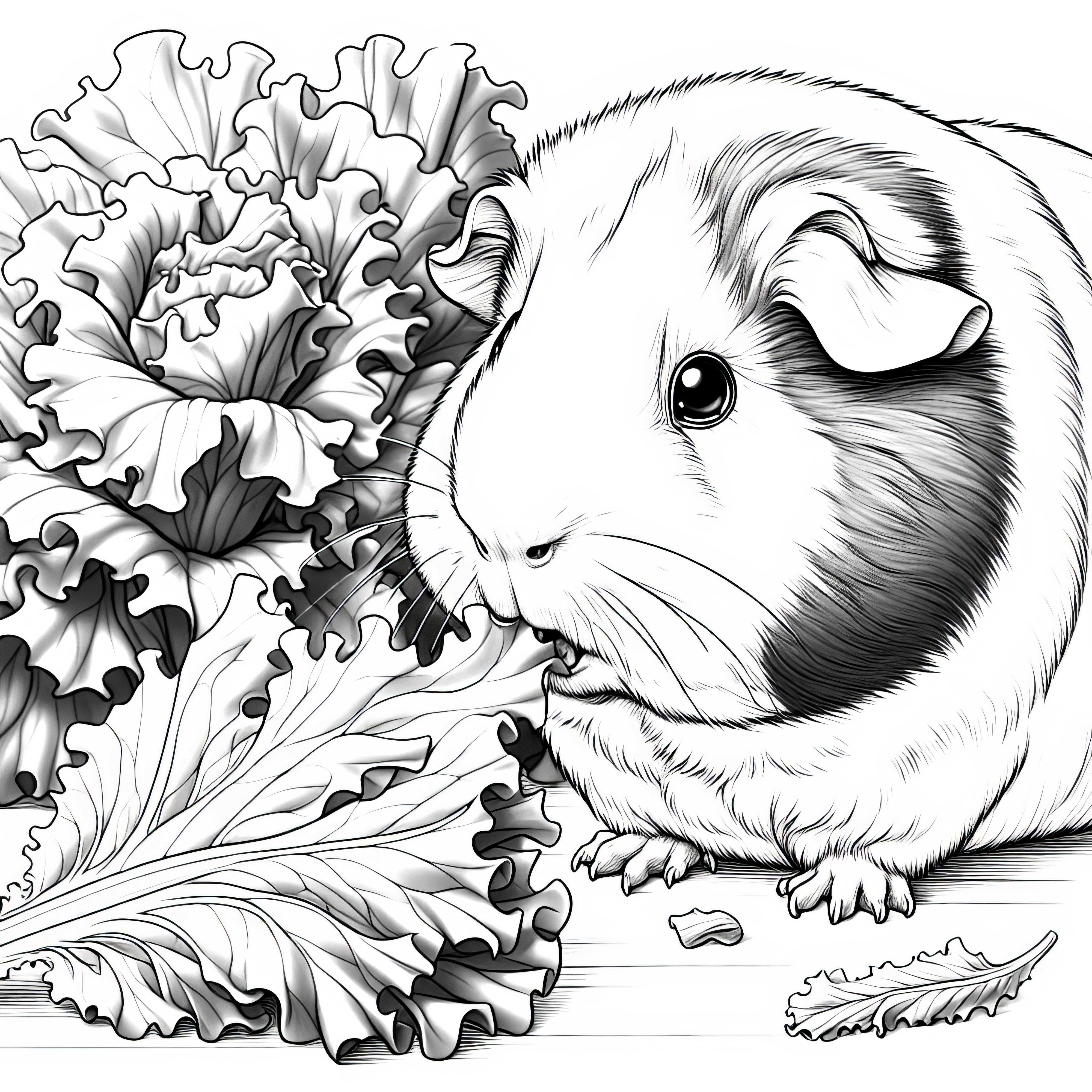 Cobaye ronge une feuille de salade : Modèle de coloriage riche en détails (Gratuit)