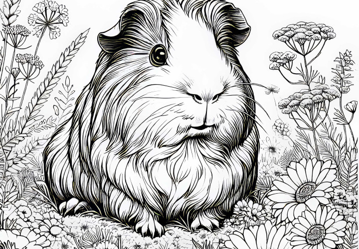 Cochon d'Inde assis sur une pelouse pleine de fleurs : Modèle de coloriage détaillé (Gratuit) Cochon d'Inde assis sur une pelouse pleine de fleurs : Modèle de coloriage détaillé (Gratuit)