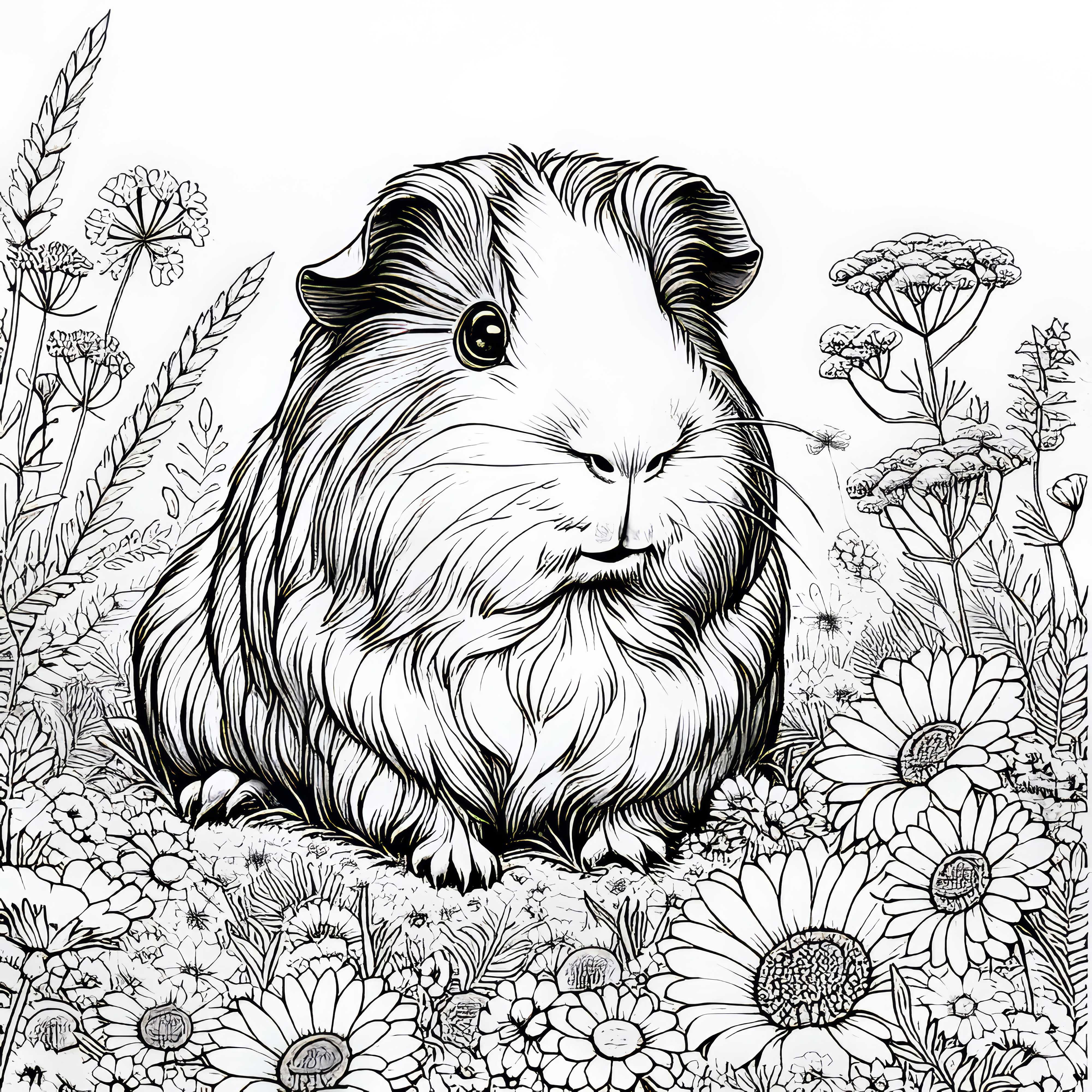 Cochon d'Inde assis sur une prairie pleine de fleurs : Modèle de coloriage détaillé (Gratuit)