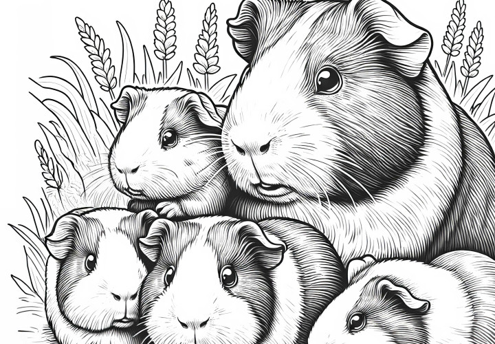 Famille de cobayes dans l'herbe : Dessin à colorier à télécharger (gratuit) Famille de cochons d'Inde dans l'herbe : image à colorier à télécharger (Gratuit)
